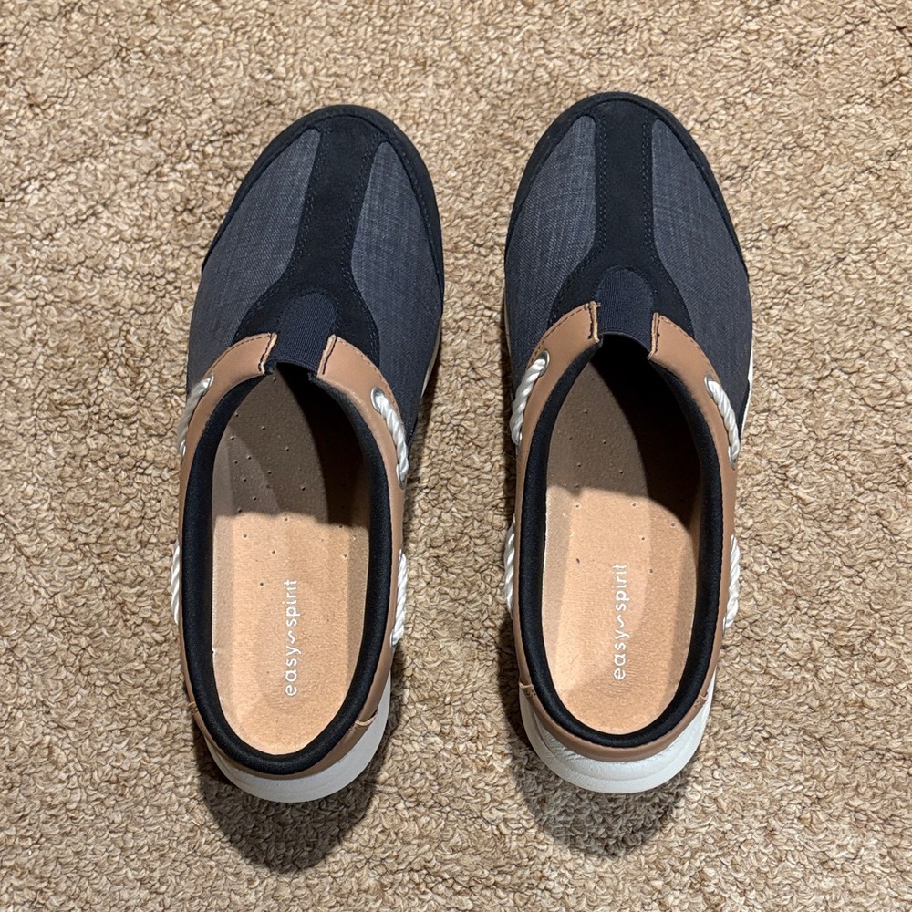 Easy Street Navy Blue Faux Suede/Jean and Tan Women's Loafers - Picture 7 of 7